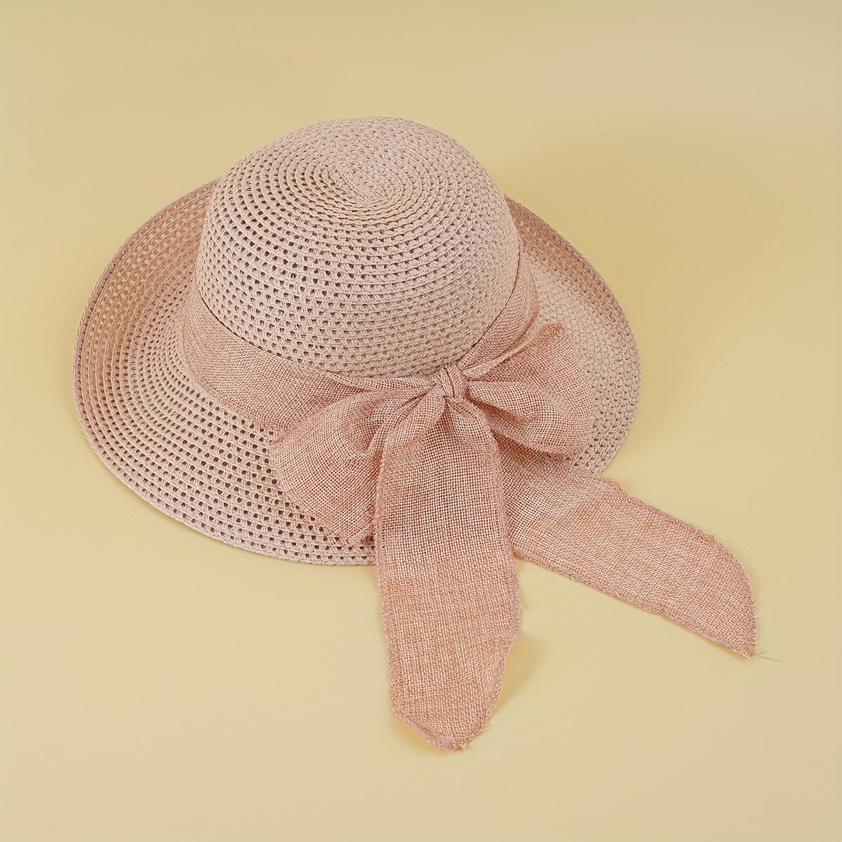 Rolled Brim Crochet Sun Hat Breathable Hollow Straw Hats Bowknot