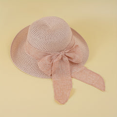 Rolled Brim Crochet Sun Hat Breathable Hollow Straw Hats Bowknot