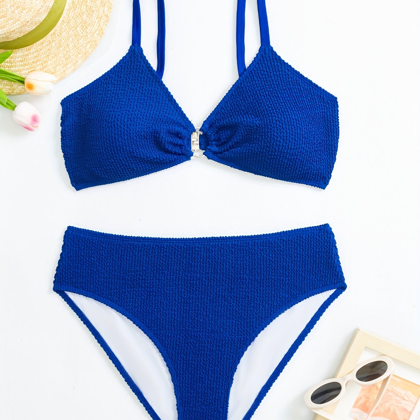 Bikini Set Solid Textured Ring Linked Bra & Panty Swimsuit