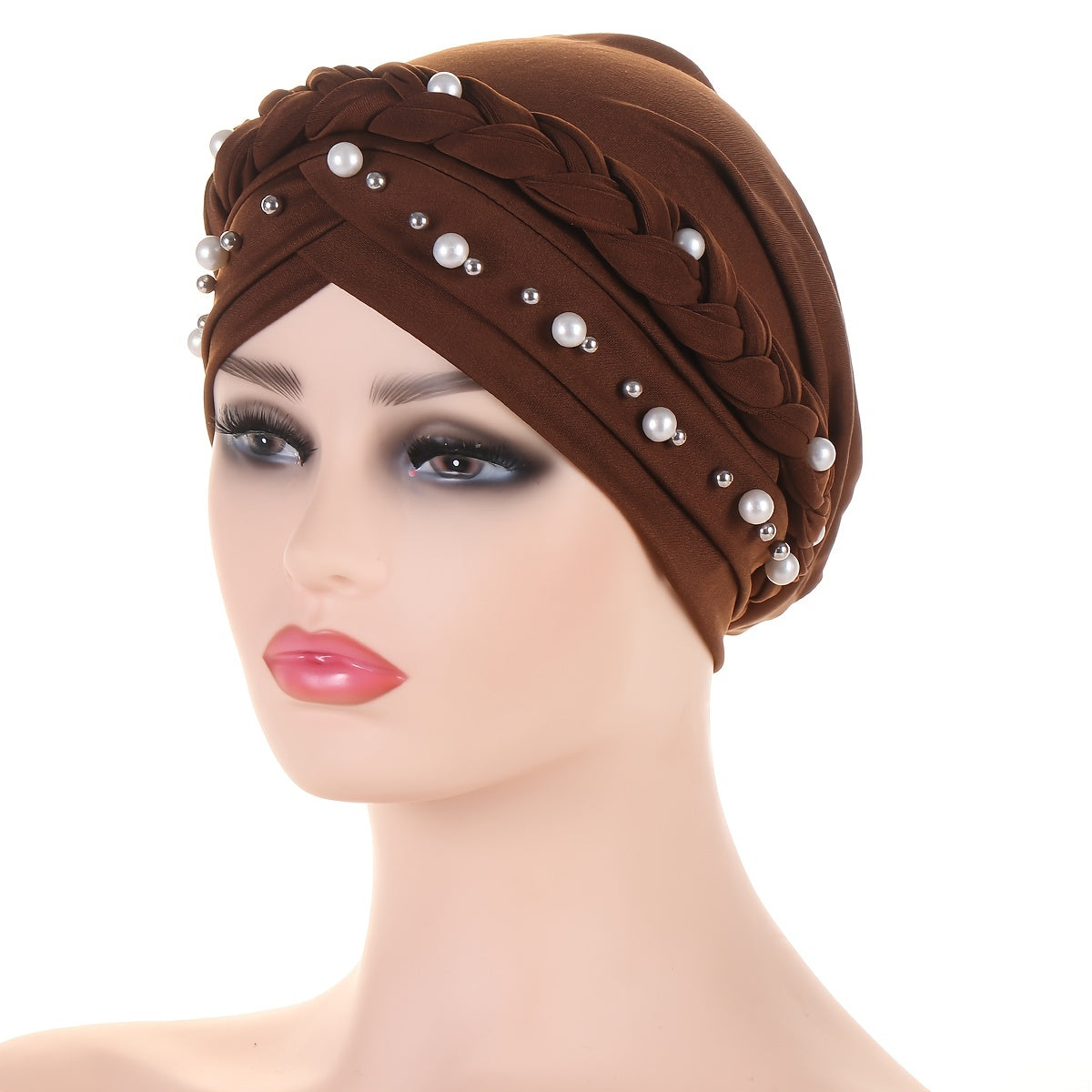 Faux Pearl Beads Turban Hijab Cap Twist Braid Head Scarf Solid Ramadan Head Wrap