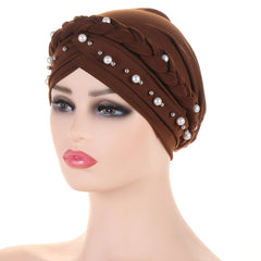 Faux Pearl Beads Turban Hijab Cap Twist Braid Head Scarf Solid Ramadan Head Wrap