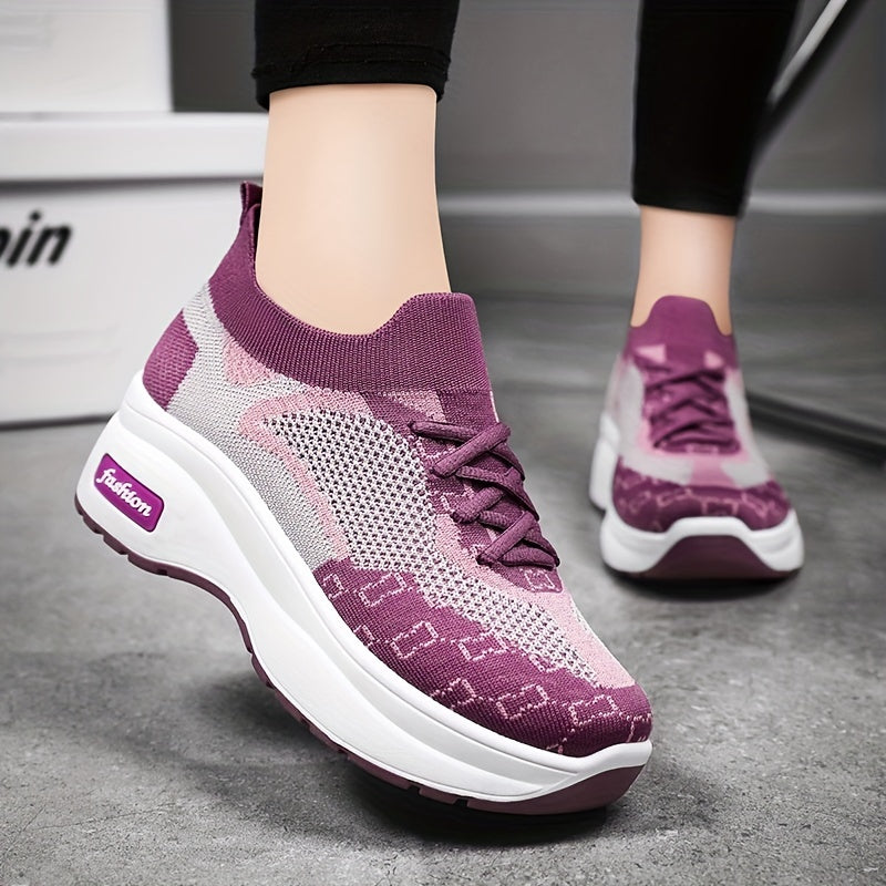 Colorblock Sock Sneakers Lace Up Low Round Toe Thick Bottom Shoes