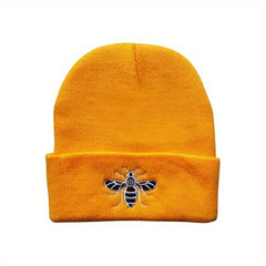 Bee Embroidery Knit Hat for Cycling, Warm Beanie for Sports