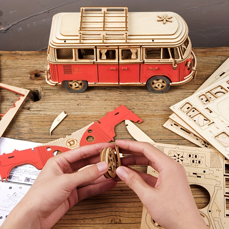 Wooden Puzzle Camping Car Model 3D Building Block Toy
