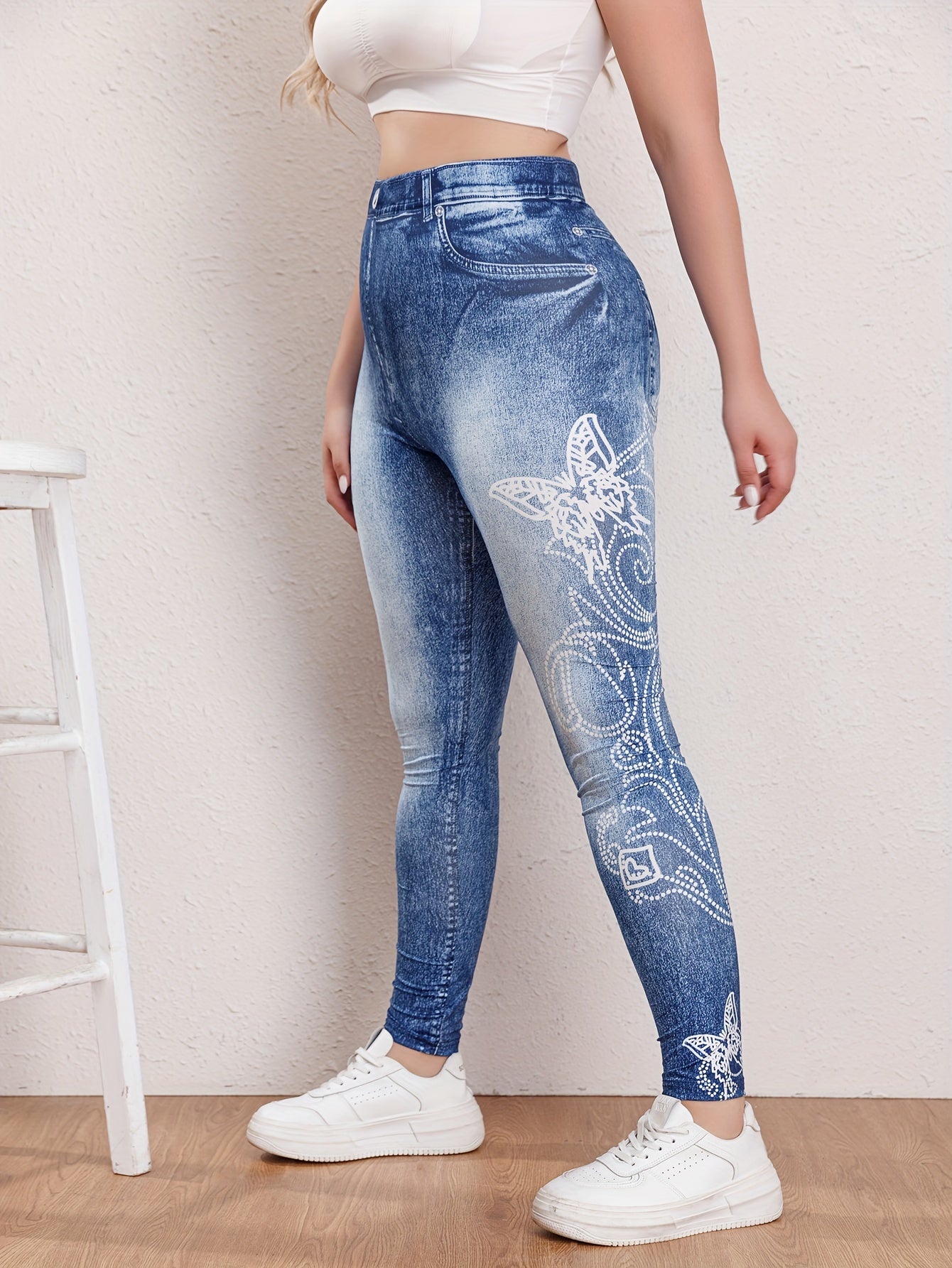 Casual Butterfly & Denim Print High Rise Leggings