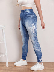 Casual Butterfly & Denim Print High Rise Leggings