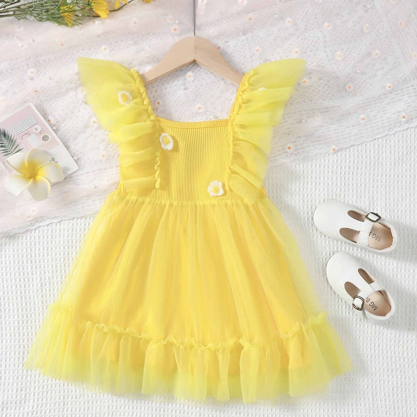 Girl's Flutter Sleeve Princess Dress Ruffle Tulle Birthday Party Evening Prom