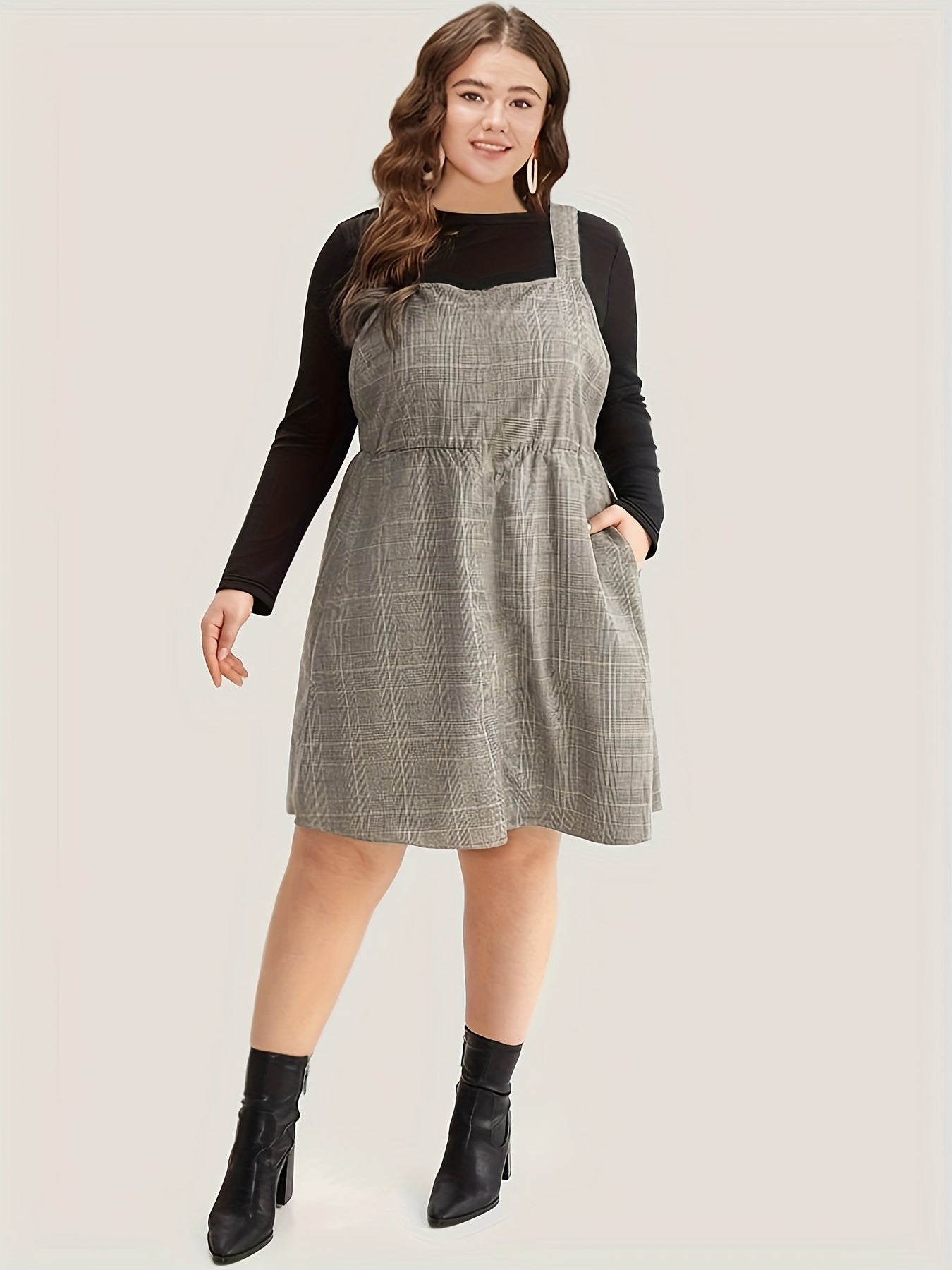 Preppy Outfits Long Sleeve Top & Plaid Overall Dress