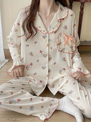 Cartoon Print Lounge Set Long Sleeve Top & Ruffle Pants