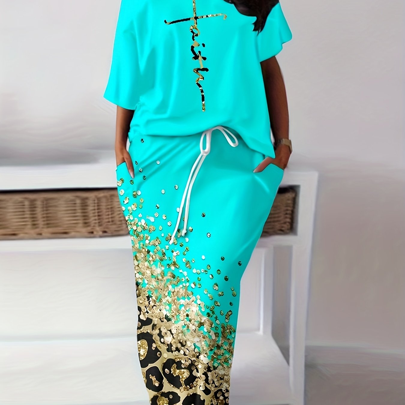 Casual Two Piece Skirt Set - Letter Print Top & Leopard Print Skirt
