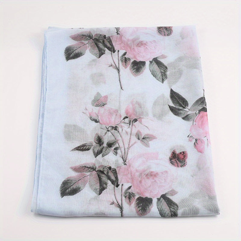 Pink Rose Printed Silk Scarf with Windproof Breathable Design