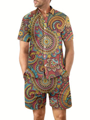 Ethnic Pattern Men's 2Pcs Hawaiian Shirt And Shorts Set