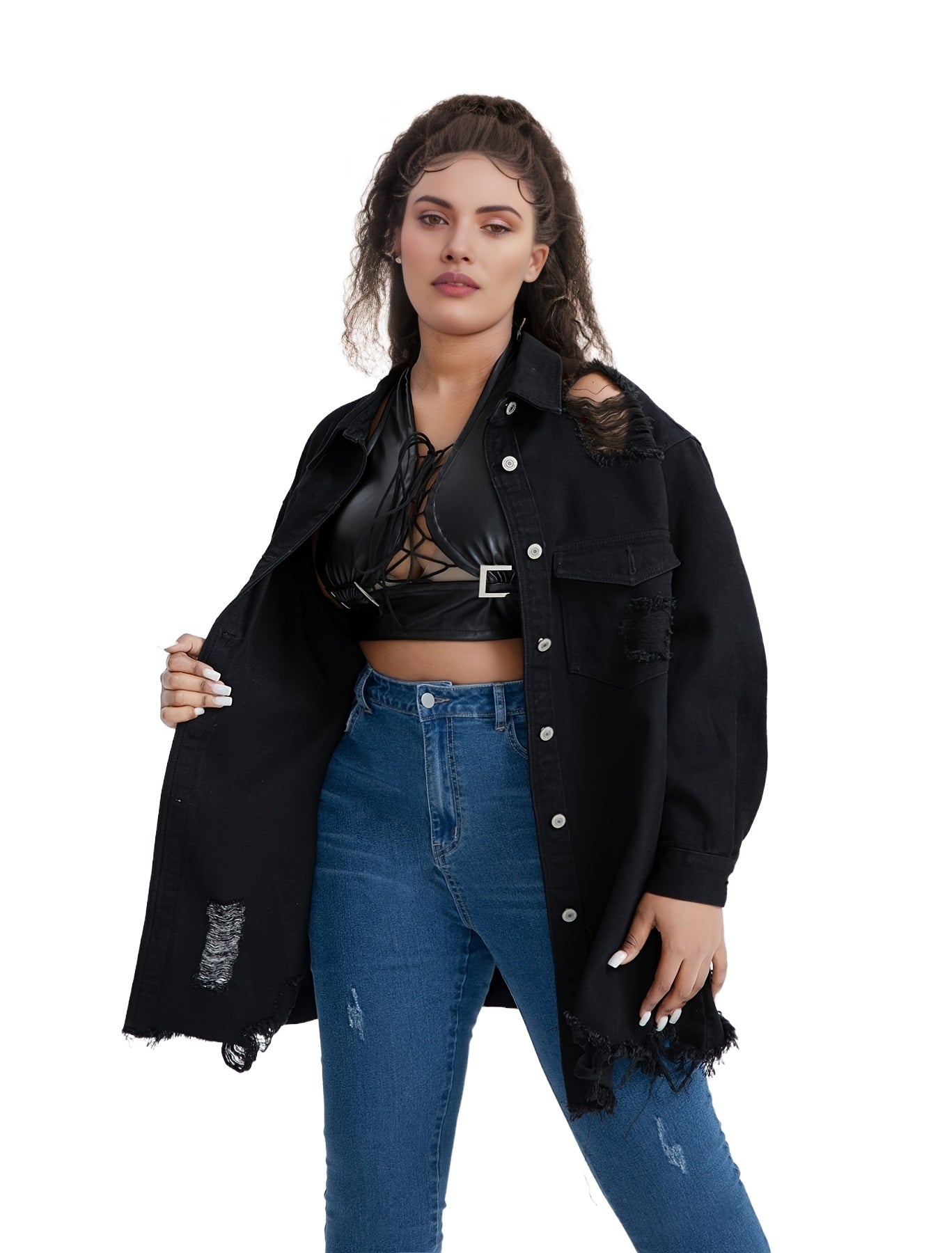 Oversized Denim Jacket with Fringe Trim