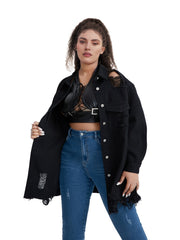 Oversized Denim Jacket with Fringe Trim