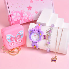 Girls' Quartz Watch Set with Butterfly Pattern, Coin Purse, Necklace