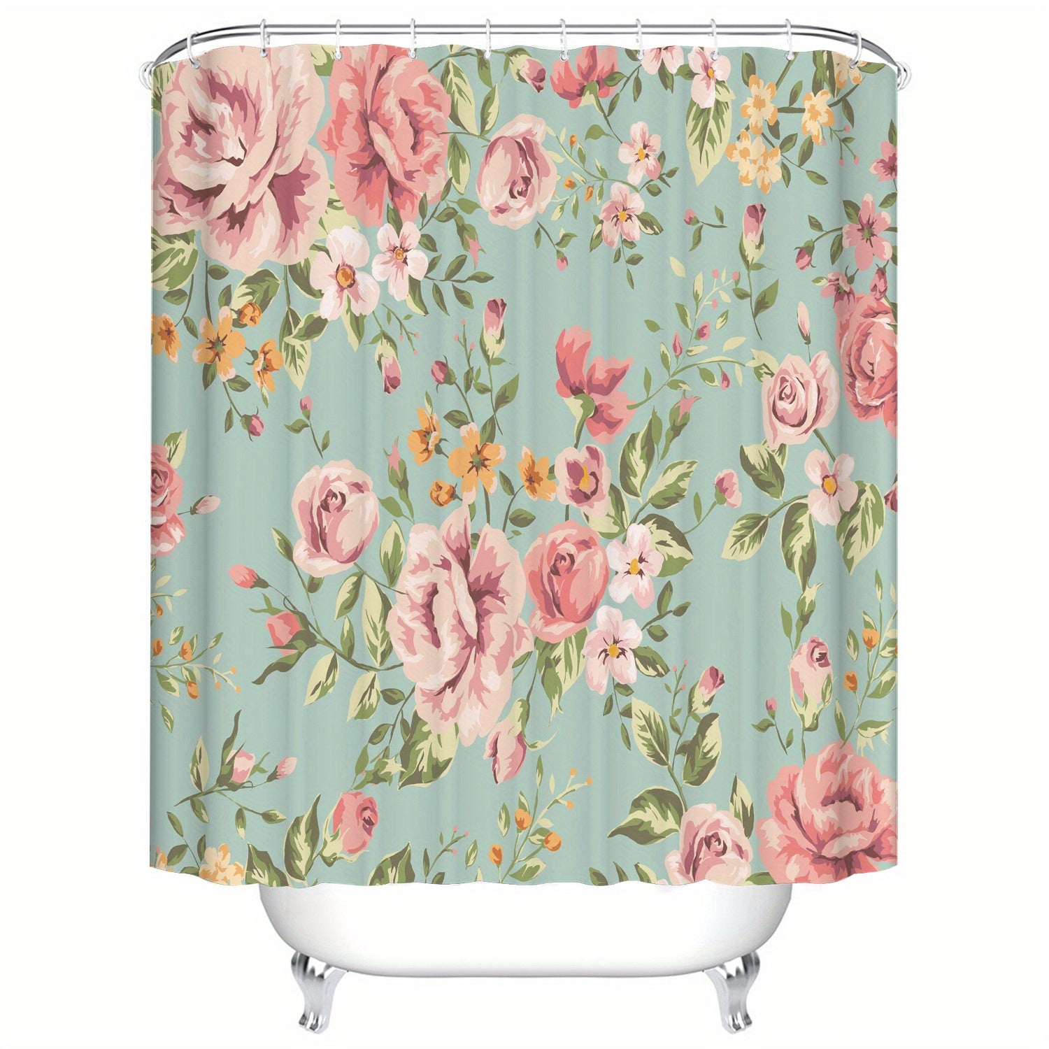 Vintage Green Floral Shower Curtain 71x71 Inches Waterproof with 12 Hooks
