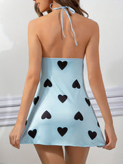 Heart Print Halter Nightdress Lace Up Sleep Dress