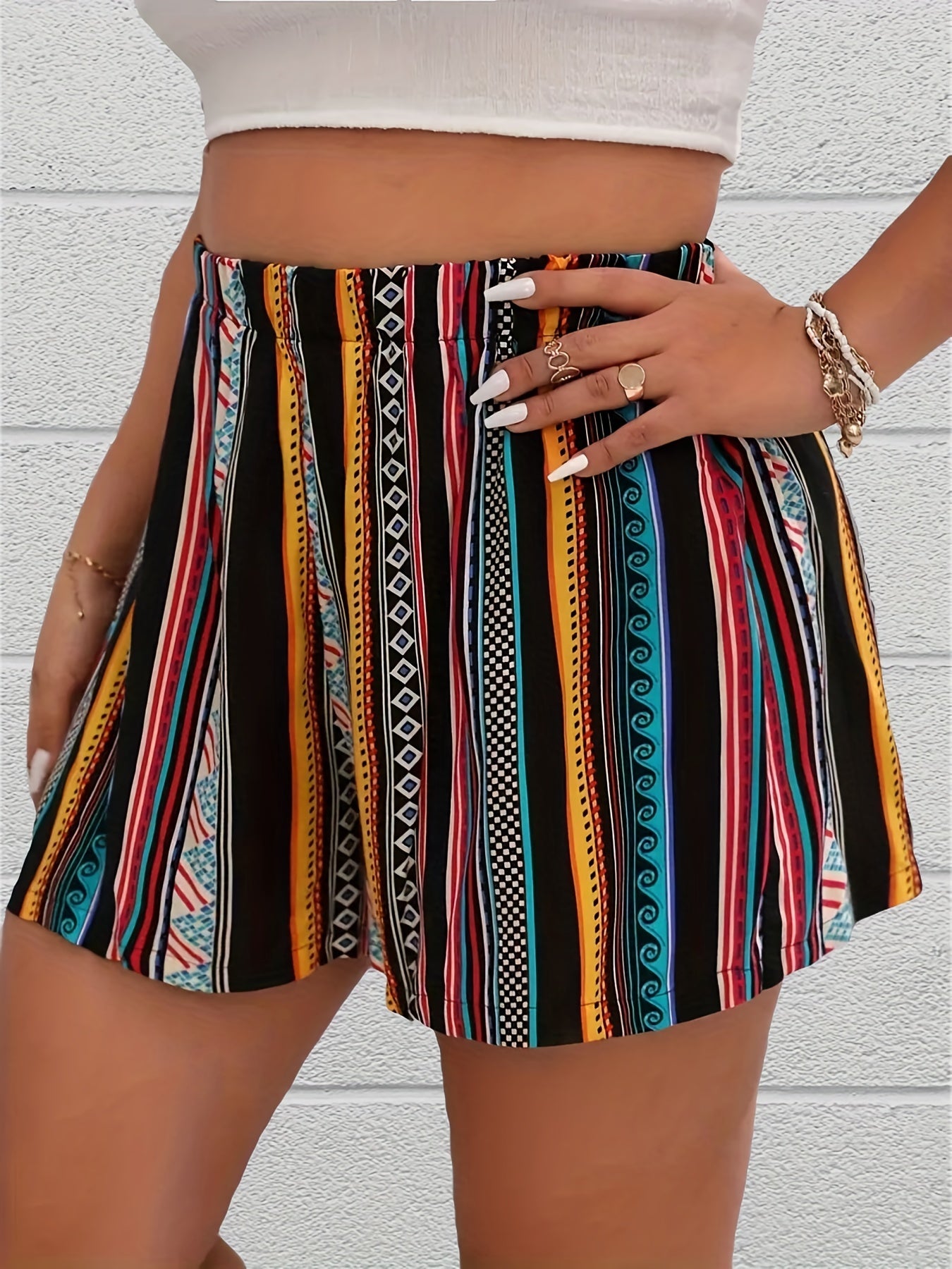 Striped Boho Elastic Waist Shorts for Women