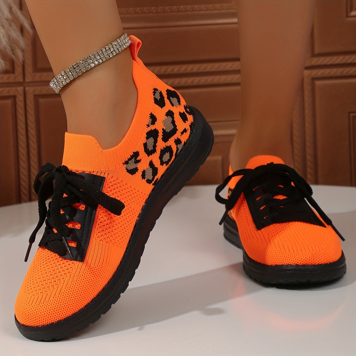 Leopard Print Sneakers Breathable Knit Lace Up Lightweight Shoes