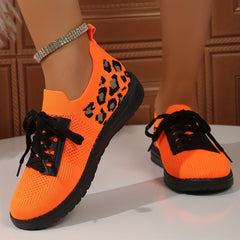 Leopard Print Sneakers Breathable Knit Lace Up Lightweight Shoes