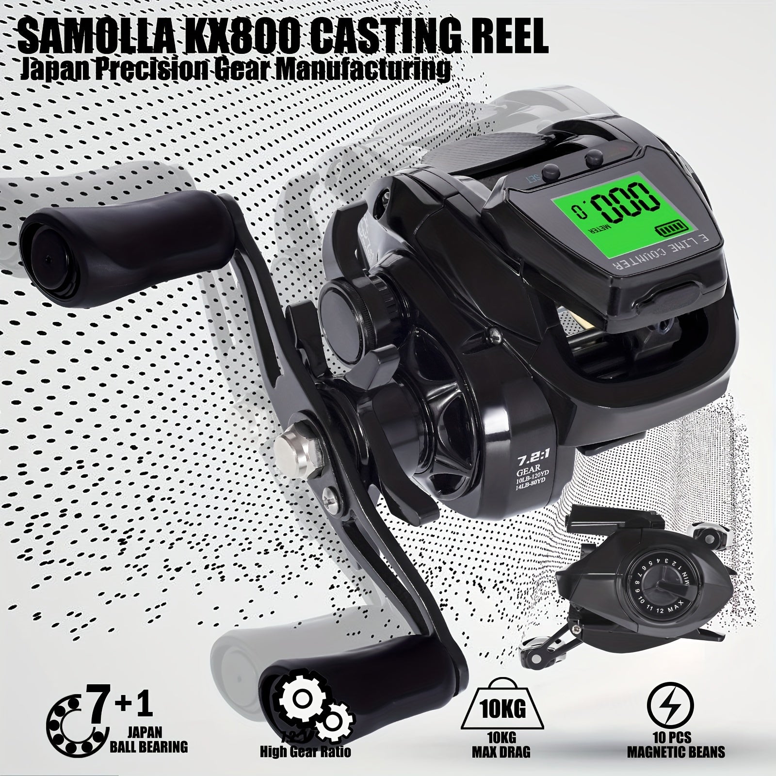 SAMOLLA 1pc Baitcasting Fishing Reel 7.2:1 Ratio 10kg Max Drag