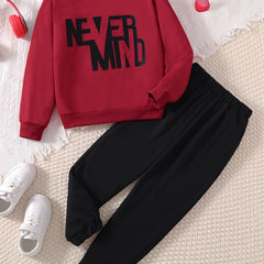 Boys 2pcs Sweatshirt & Pants NEVER MIND Print Top Casual Kids Clothes