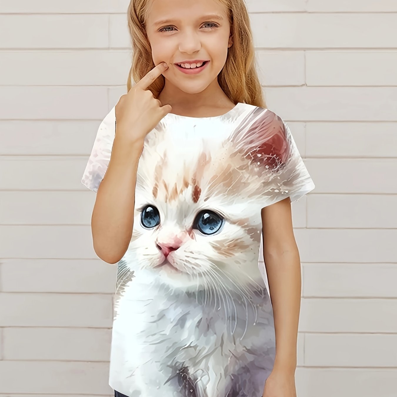 Funny Kitty Graphic Short Sleeve T-shirt For Girls