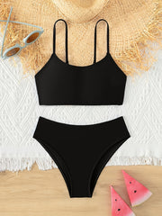 Girl's Solid Bikini Set Cami Top & Briefs Stretchy Bathing Suit