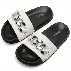 Women's Chain Decor Quilted Slide Shoes, Arch Support Sandals