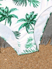 Girls 3pcs Split Bikini Swimsuit Tropical Leaf Pattern Casual Vacation Swimwear