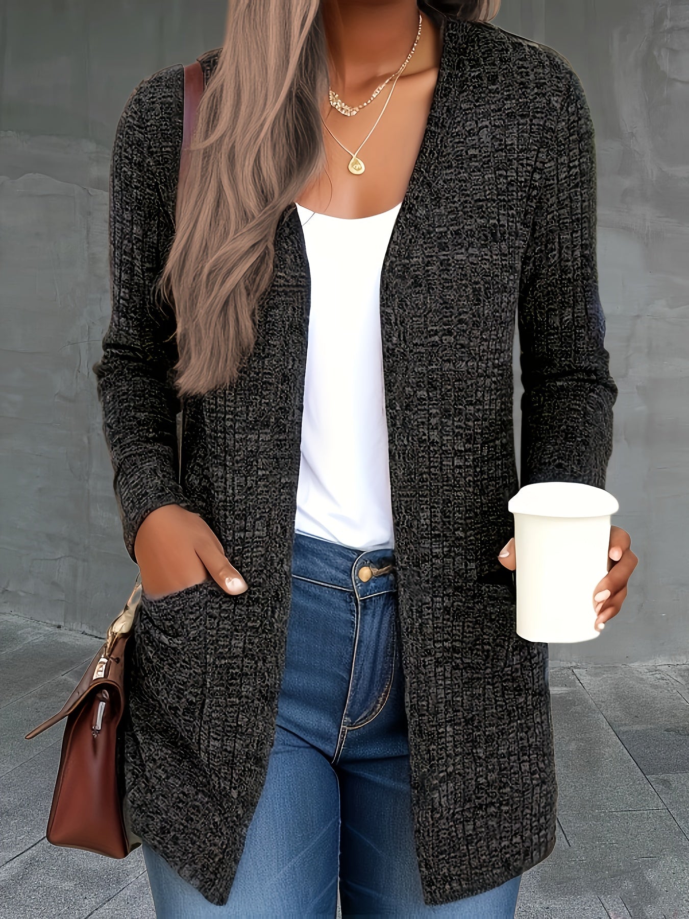 Solid Long Sleeve Open Front Cardigan With Pockets