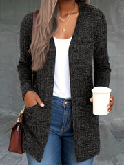 Solid Long Sleeve Open Front Cardigan With Pockets