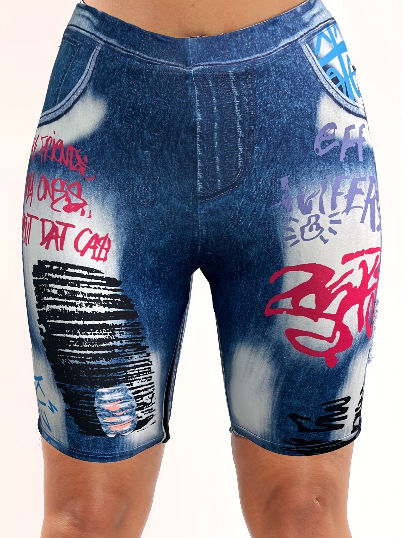 Plus Denim & Letter Print High Rise Skinny Shorts