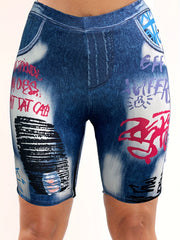 Plus Denim & Letter Print High Rise Skinny Shorts