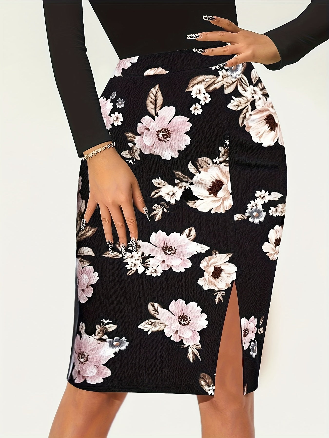 Floral Print High Waist Slit Skirt for Women
