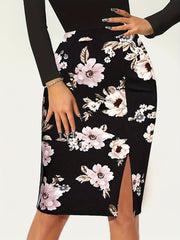 Floral Print High Waist Slit Skirt for Women