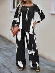 Brush Print Top & Wide Leg Pants 2 Piece Set