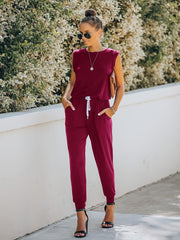 Solid Drawstring Jumpsuit Crew Neck Elastic Waist Women's Clothing