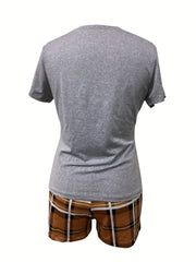 Queen Letter Print Tee & Plaid Shorts Set