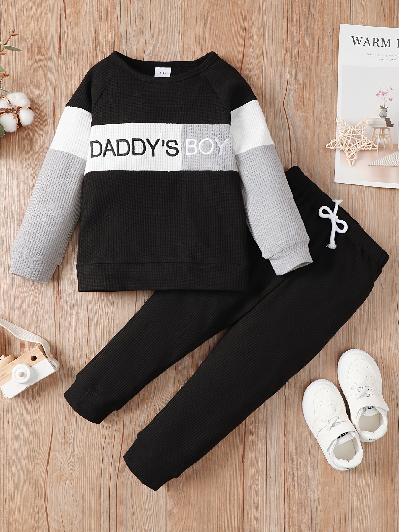 2pcs Daddy's Boy Colorblock Sweatshirt Matching Pant