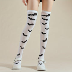 Bat Print Thigh High Socks Halloween Funny Over The Knee Socks Women's Stockings
