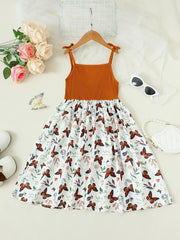 Girls Butterfly Graphic Bow Shoulder Splicing Cami Dress for Party Holiday
