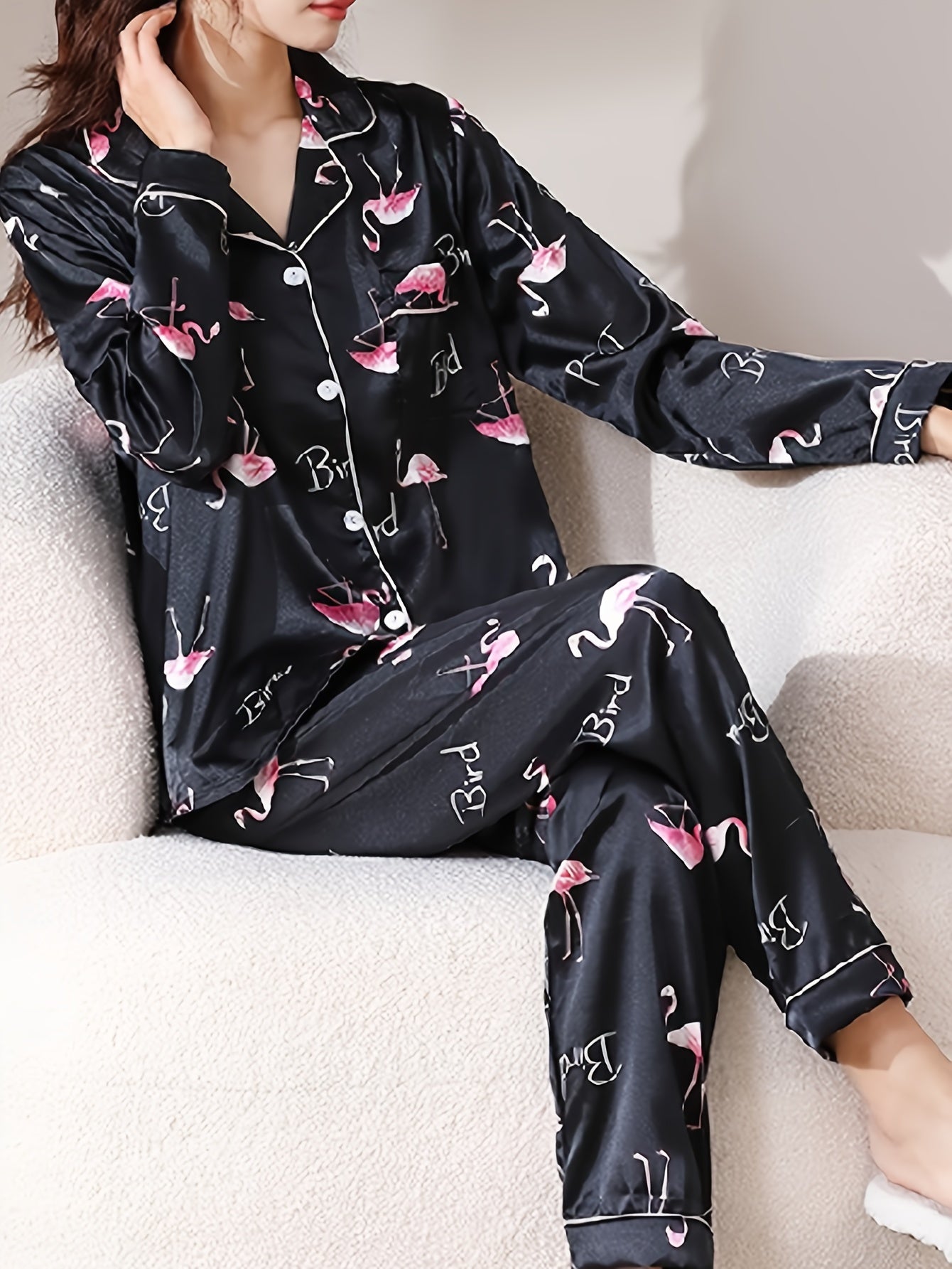 Flamingo Print Satin Pajama Set for Women
