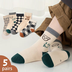 5pairs Boys Kids Crew Socks Cartoon Bear Pattern Socks