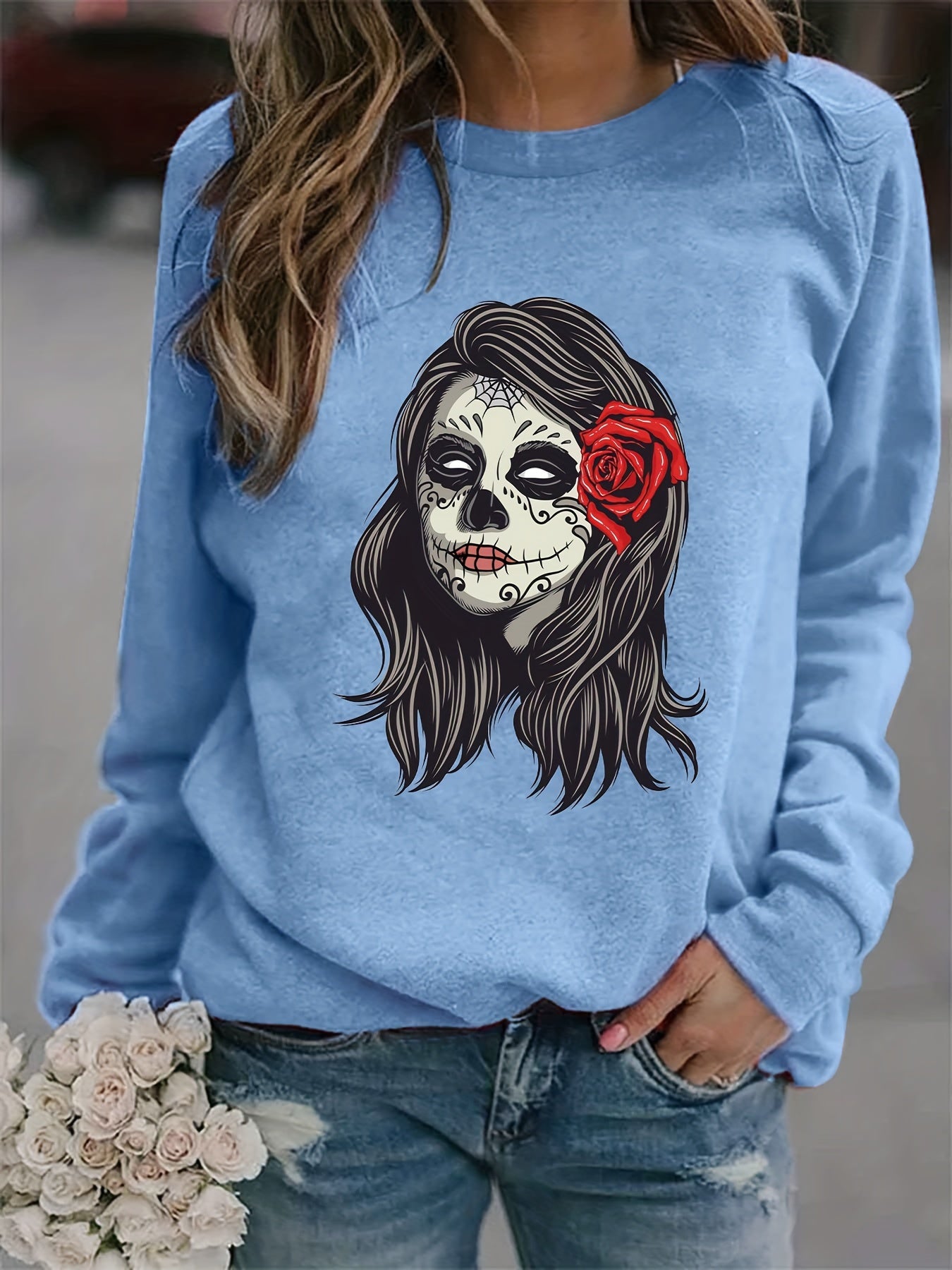 Skull Print Sweatshirt Crew Neck Long Sleeve Casual Top