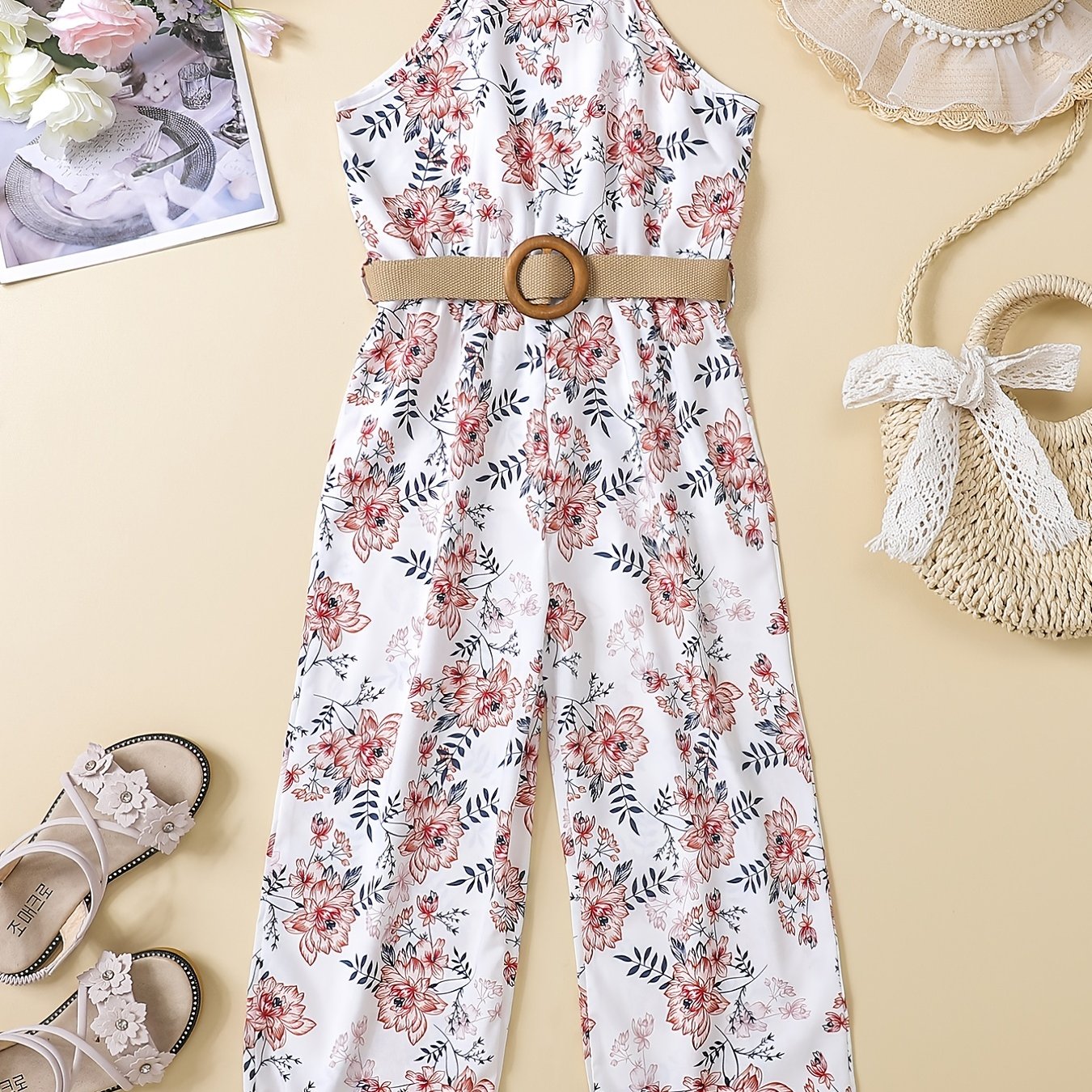 Girls Sleeveless Flowers Halter Neck Rompers Jumpsuits for Beach Vacation