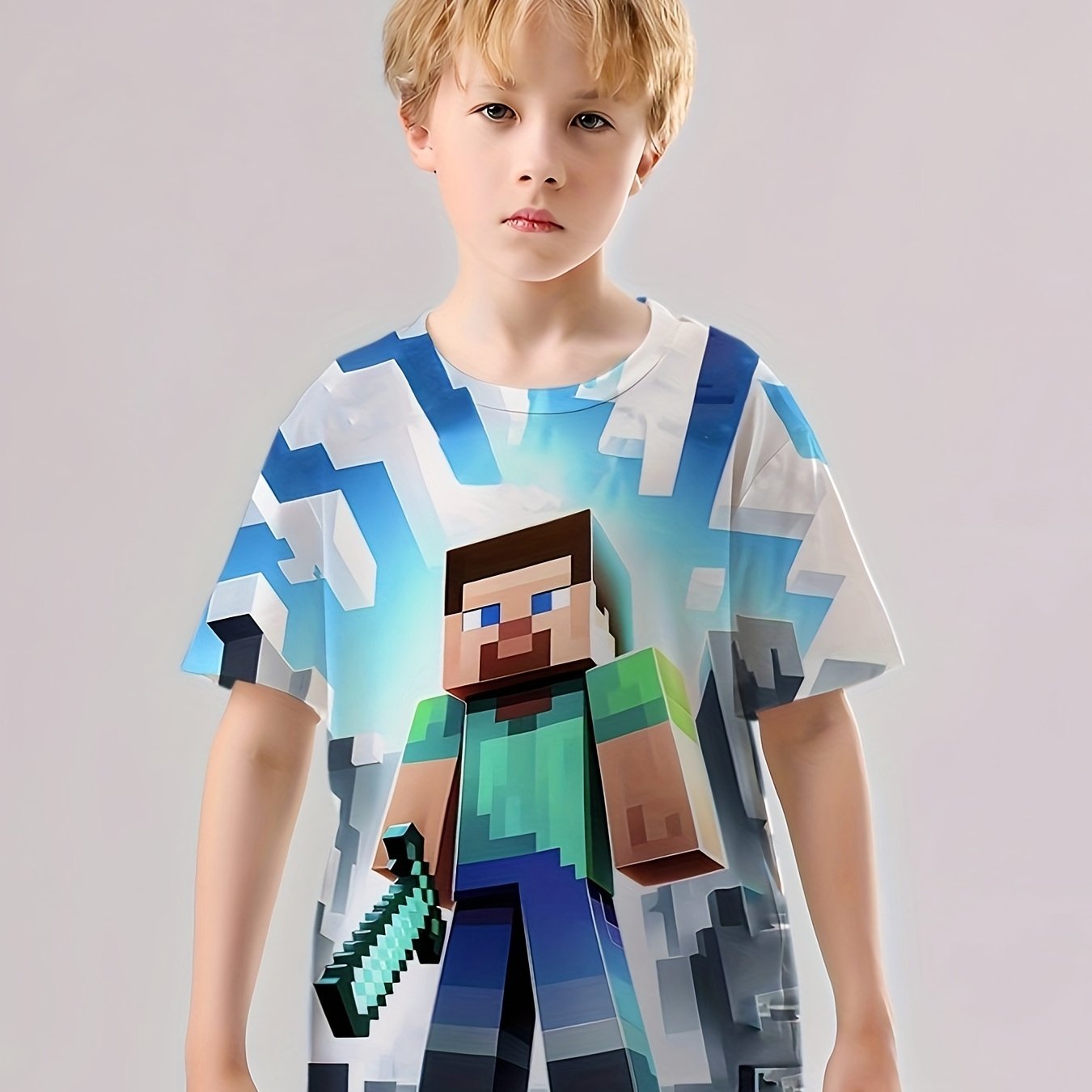 Pixel Boy Print Boys T-shirt Lightweight Comfortable Short Sleeve Top