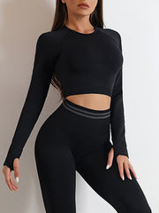 Solid Long Sleeve Hollow Yoga Top High Stretch Crop Running Fitness T shirt