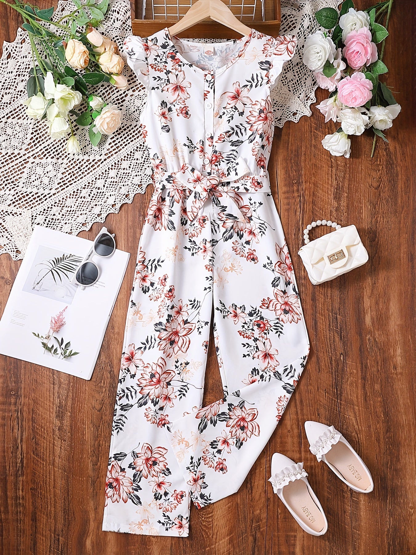 Girls Flutter Sleeve Button Jumpsuits Kids Summer Clothes