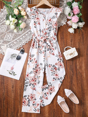 Girls Flutter Sleeve Button Jumpsuits Kids Summer Clothes